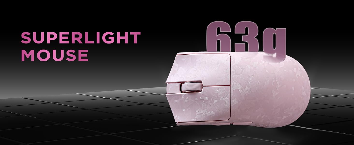 Text reads 'SUPERLIGHT MOUSE'. Pink compact wireless mouse with 6.3g weight specification displayed against dark background with cable.