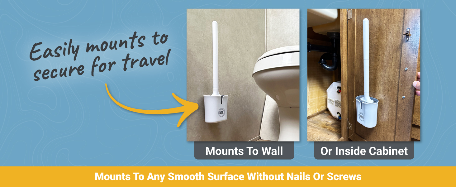 images inside RV showing the compact toilet brush easily mounts to wall or cabinet for secure travel