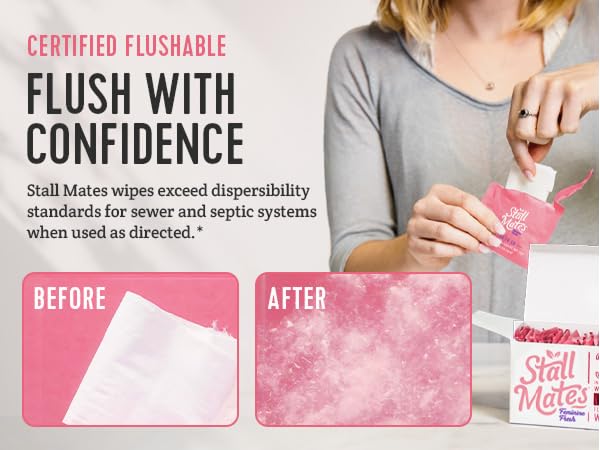 Stall Mates, flushable wet wipes. Designed to flush with confidence