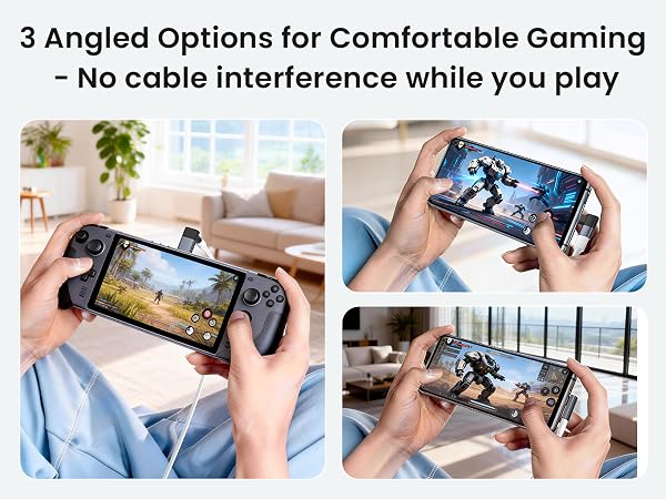 Text reads '3 Angled Options for Comfortable Gaming'. Multiple photos showing hands holding mobile device in various gaming positions against white background.