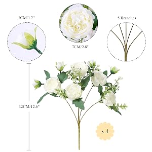Artificial white rose flower arrangement with leaves. Includes measurements for flower sizes and overall height of 32cm/12.6". Set of 4 stems.