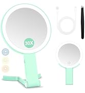 MIYADIVA Travel Makeup Mirror with Lights, Height Adjustable 30X/1X Double-Sided Magnifying Mirro...