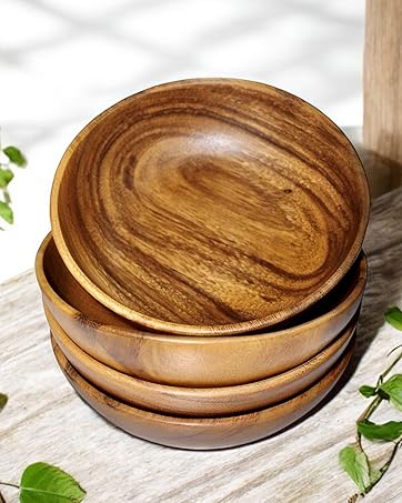 Acacia Wood Bowl Set of 4 7” Round Serving Food Salad Fruit Kitchen Dining Handmade Natural Durable