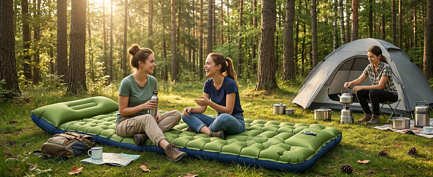 Insulated camping sleeping pad, thermal barrier design, cold-ground protection, winter-ready warmth.