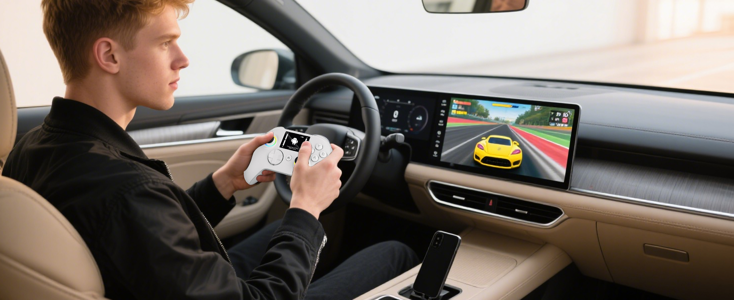 A person in the car uses our wireless controller to enjoy the car screen game