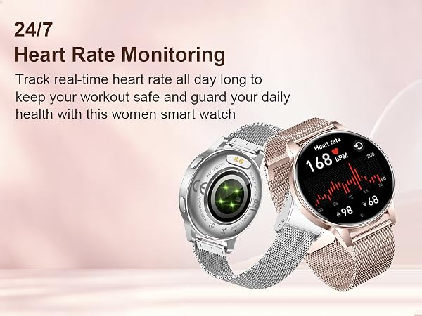Text reads: '24/7 Heart Rate Monitoring', 'Track real-time heart rate all day long to keep your workout safe and guard your daily health with this women smart watch.' Two smartwatch views showing round face with heart rate monitoring display in pink background.