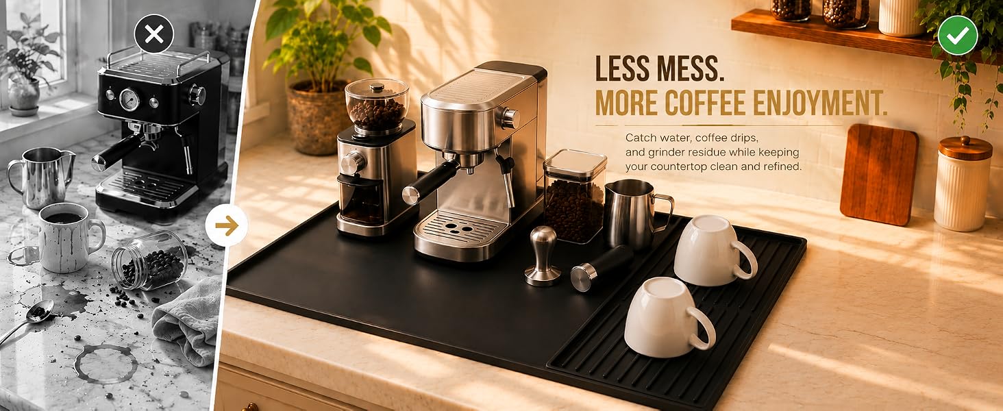 Catch water, coffee drips, and grinder residue while keeping your countertop clean and refined.