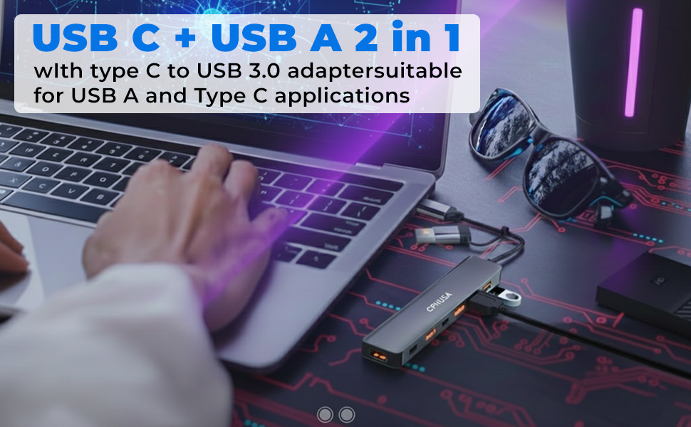 USB C plus USB A 2 in 1 hub connected to laptop for daily work use