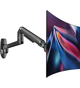 Black articulating wall mount bracket for TV or monitor display, shown with mounted screen featuring blue and red abstract pattern.
