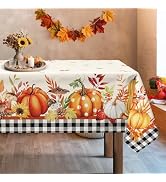 Arquiel Fall Pumpkin Leaves Tablecloth Waterproof, Harvest Buffalo Plaid Table Cloth Rectangle, W...
