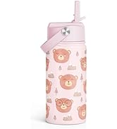 SANDJEST Bear Kids Water Bottle With Straw Lid 12oz Insulated Stainless Steel, Travel Tumbler, Be...