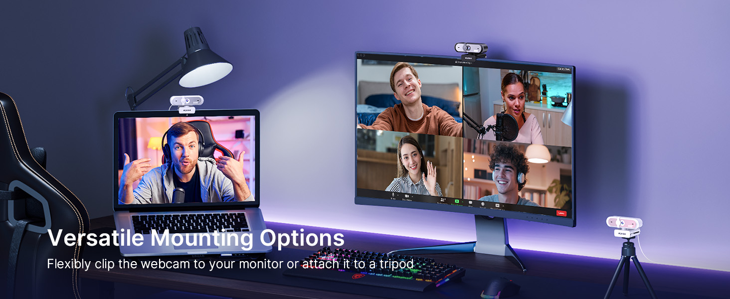 Shows the webcam mounted on a desktop, laptop, and used with a tripod.