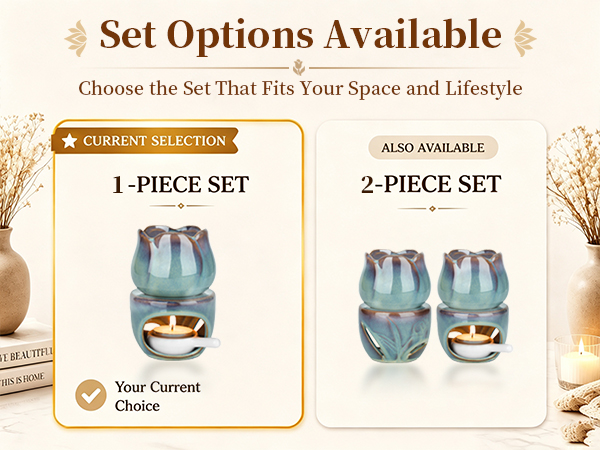 Text reads 'Set Options Available' 'Choose the Set That Fits Your Space and Lifestyle' 'CURRENT SELECTION 1-PIECE SET' and 'ALSO AVAILABLE 2-PIECE SET'. Two decorative basket set options displayed with woven turquoise and tan construction.