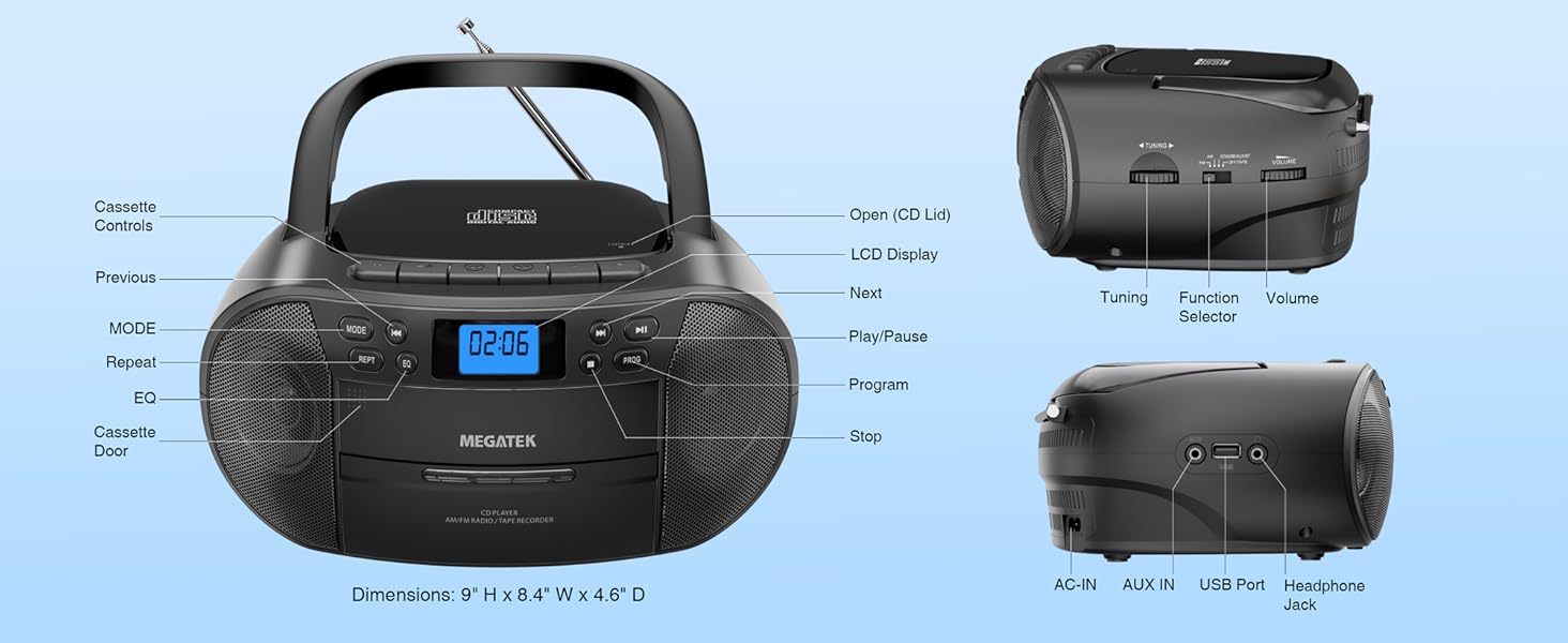 Portable CD Cassette Player Boombox with Compact Design