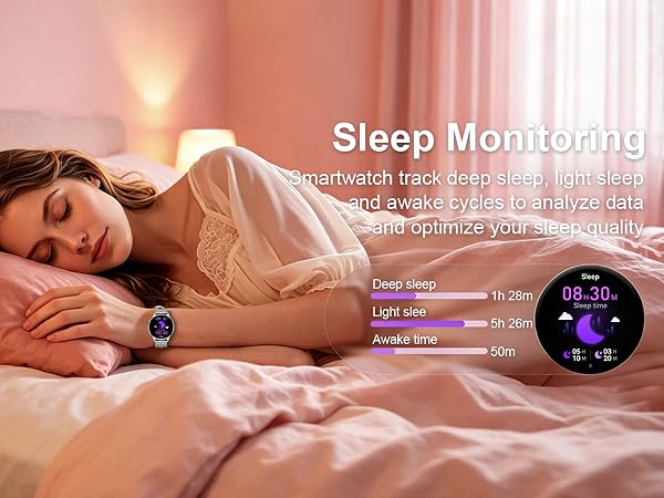 Text reads 'Sleep Monitoring' with additional smaller text. Woman sleeping peacefully on pink bedding next to a purple circular smart device displaying sleep tracking information on nightstand.