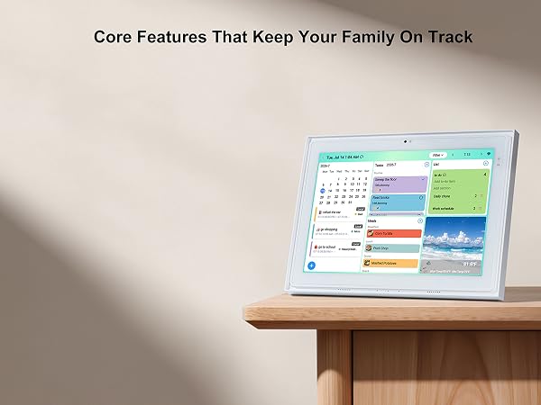 Four-grid function interface with icons for calendar, chores, meals and digital photo frame