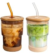 Zukro 13oz/400ml Glass Iced Coffee Cup with Bamboo Lid and Straw, Rubber Base, Reusable Thick Wal...
