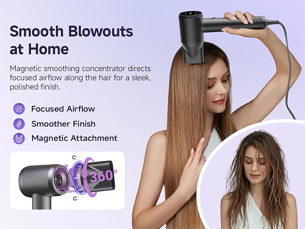 Hair dryer with magnetic concentrator for smooth blowouts