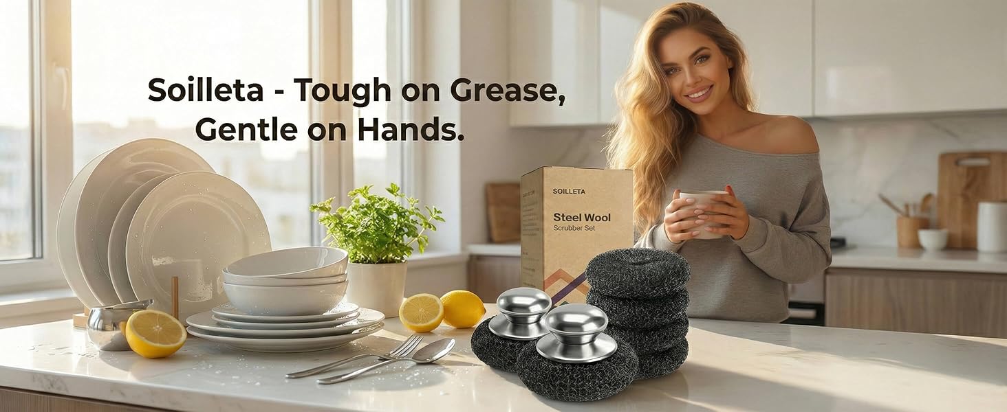 Stainless steel scrubber with metal handle on cast iron skillet for heavy duty cleaning.