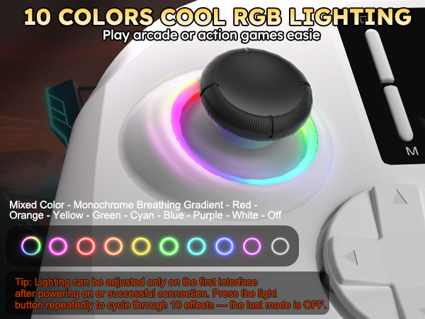 The picture shows the colored lights next to the joystick,controller 10 colors cool rgb lighting