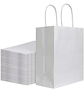 100Pcs Pack 8x4.75x10 inch Medium White Kraft Paper Bags with Handles Bulk, Bagmad Gift Bags, Cra...