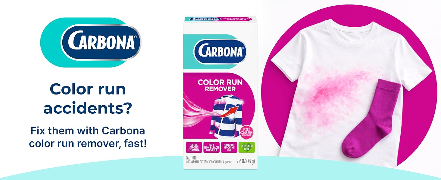 Carbona color run remover for fixing dye transfer and restoring whites and colorfast clothing