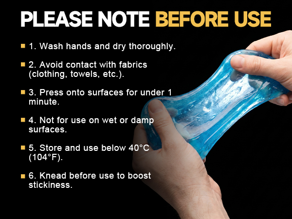 Pre-use instructions: wash hands, knead first, press briefly, and avoid fabrics or damp surfaces