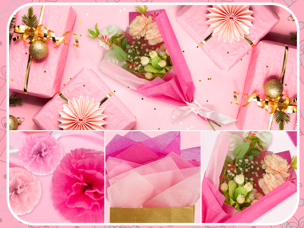 Pink-themed gift wrapping display with floral arrangements, grapes, and paper decorations. Includes close-up images of wrapped presents and floral details.
