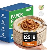 Compostable Paper Plates: 9 Inch 125 Pack Soak & Cut Proof Heavy Duty Disposable Plate - Bagasse ...