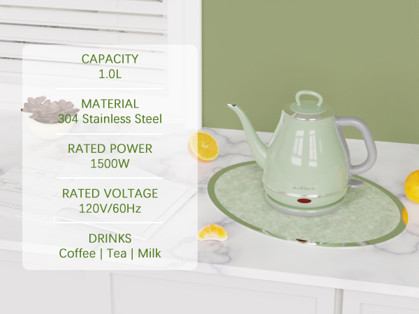 electric kettle gooseneck 1l, stainless steel, coffee / tea / milk / oats, etc.