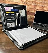 Leather Portfolio for Men - Full Grain Leather Padfolio Folder - Zipper Folio Documents Organizer...