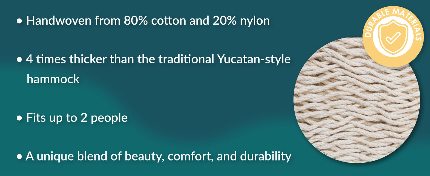 handwoven from 80% cotton 20% nylon fits up to two people a blend of beauty comfort and durability