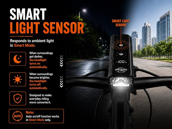 Bike Headlight Built-in Smart Light Sensor Auto On and Off