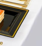 JOLLY CHEF 125 Count Square Black Gold Plastic Plates, Including 25 Disposable Dinner Plates, 25 ...