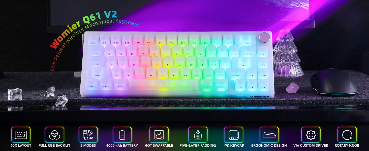 Wireless 60% Percent Keyboard, QMK/VIA Gaming Keyboard, Tri-Mode Thocky Creamy Mechanical Keyboard
