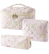 Hatende 3Pcs Cotton Quilted Makeup Bag Set,Large Floral Cosmetic Bag,Aesthetic Toiletry Travel Ma...