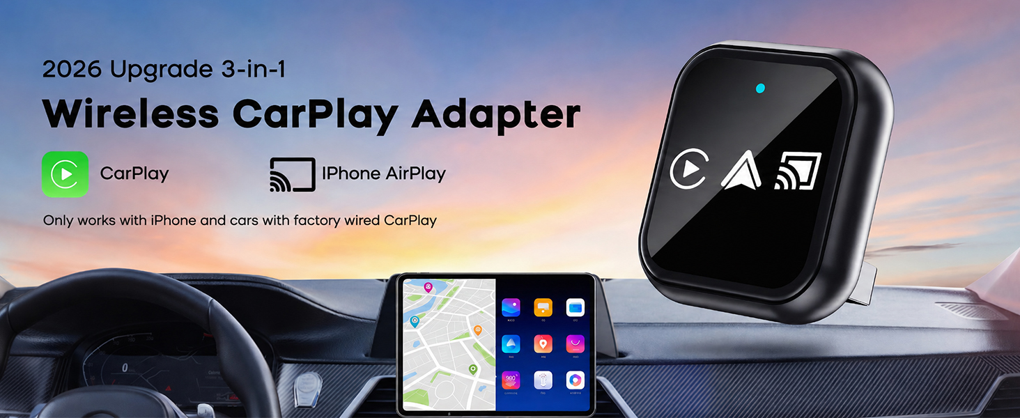 2026 upgrade 3 in 1 screen mirror ios phone, wired to wireless carplay adapter