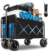 600LBS Beach Wagons Carts Foldable for Sand, Heavy Duty Collapsible Wagon with Brakes & All-Terra...