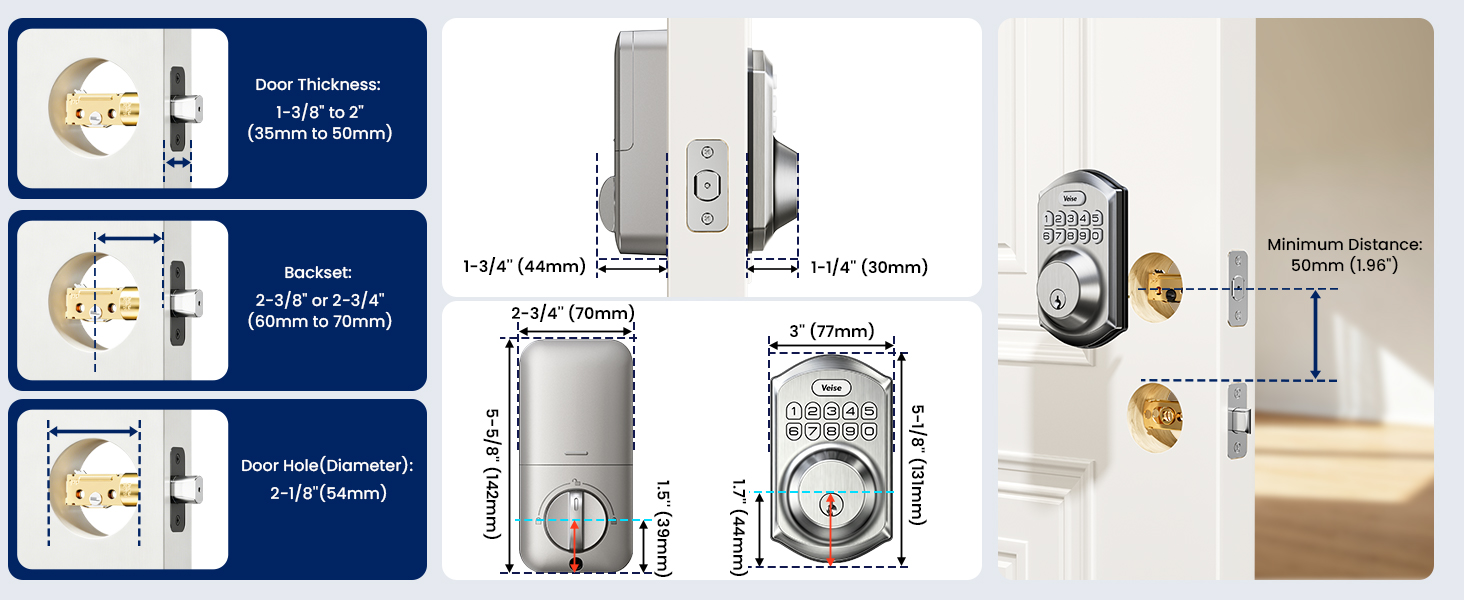 Smart door lock with clear size guide, only suitable for 54mm door holes, easy home installation