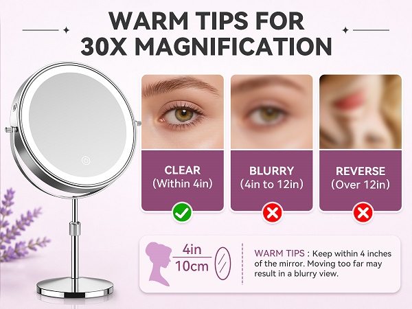 1X full-face view, 30X detailed magnification. Stay within 10cm/4in for sharp, blurry-free makeup
