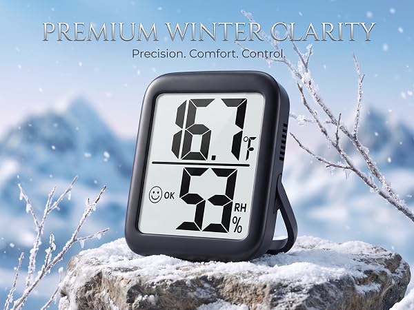 Digital indoor thermo-hygrometer, large clear screen, shows temp & humidity for indoor tracking.