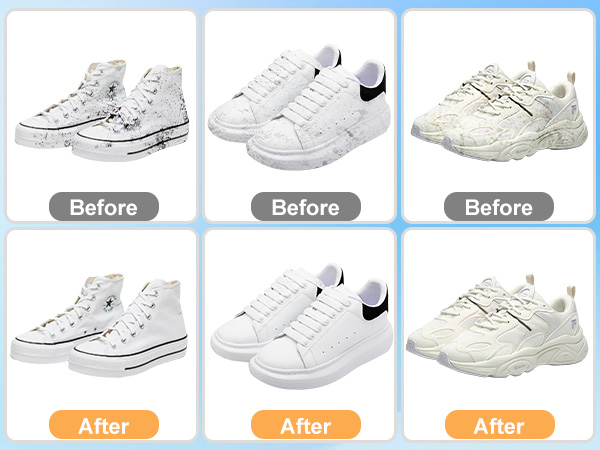 Three pairs of white sneakers shown before and after cleaning. High-top canvas shoes, low-top leather sneakers with black detail, and chunky athletic shoes with thick soles.