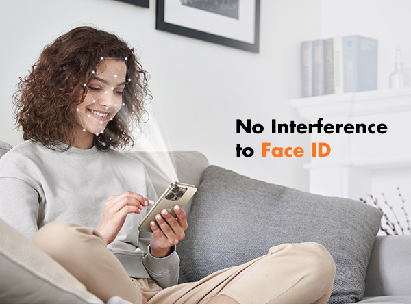 Person using a smartphone while sitting on a couch. Text overlay reads 'No Interference to Face ID'.