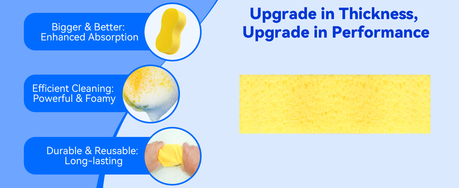 2.4in thick all purpose sponge, inexpensive and effective.The huge sponge is soft and strong.