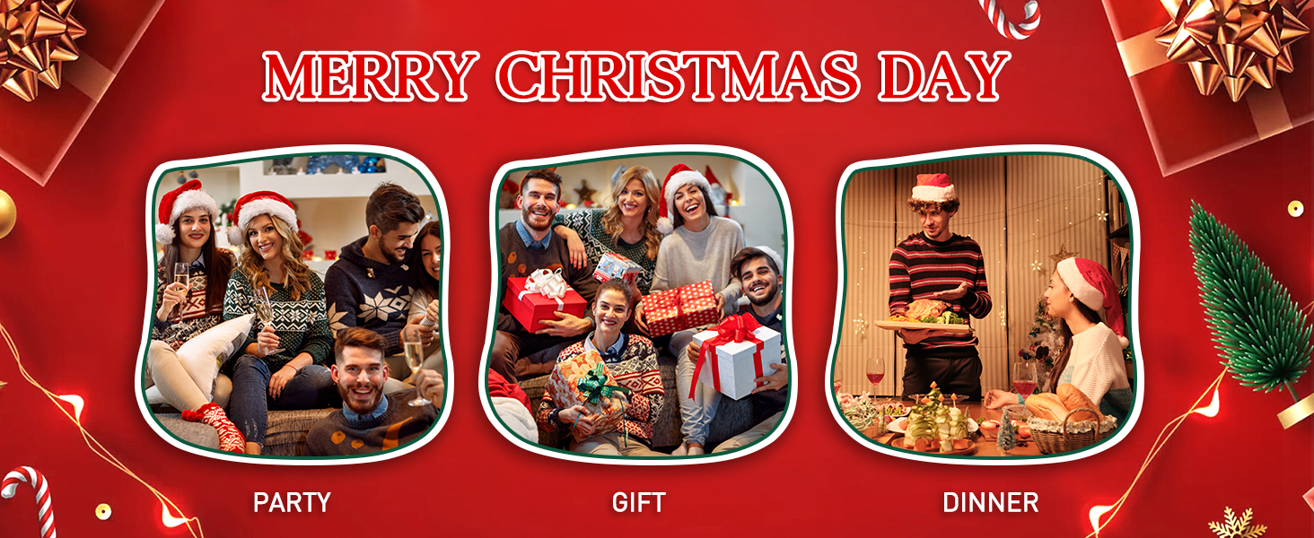Christmas-themed image with three panels showing family gatherings. Red background with gold decorations and 'Merry Christmas Day' text.