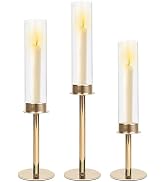 QTRQTR 3 PCS Gold Hurricane Candle Holders Fluted Glass Candlestick Holder | Taper Tall Clear Cyl...