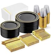 GATHER 350PCS Black Plastic Plates-Disposable Plastic Dinnerware Set Include 100PCS Black and Gol...