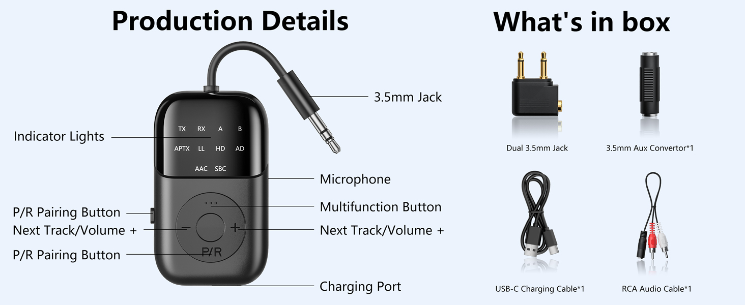 Product diagram showing connection ports and buttons for an electronic device, with 'What's in box' section displaying included accessories.