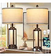 26" Farmhouse Table Lamps Set of 2, Vintage Rustic Industrial Beside Lamps with USB A+C Charging ...