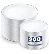 KIRE 200PCS Silver Plastic Plates - White Plastic Plates with Silver Rim Include 100 Dinner Plate...